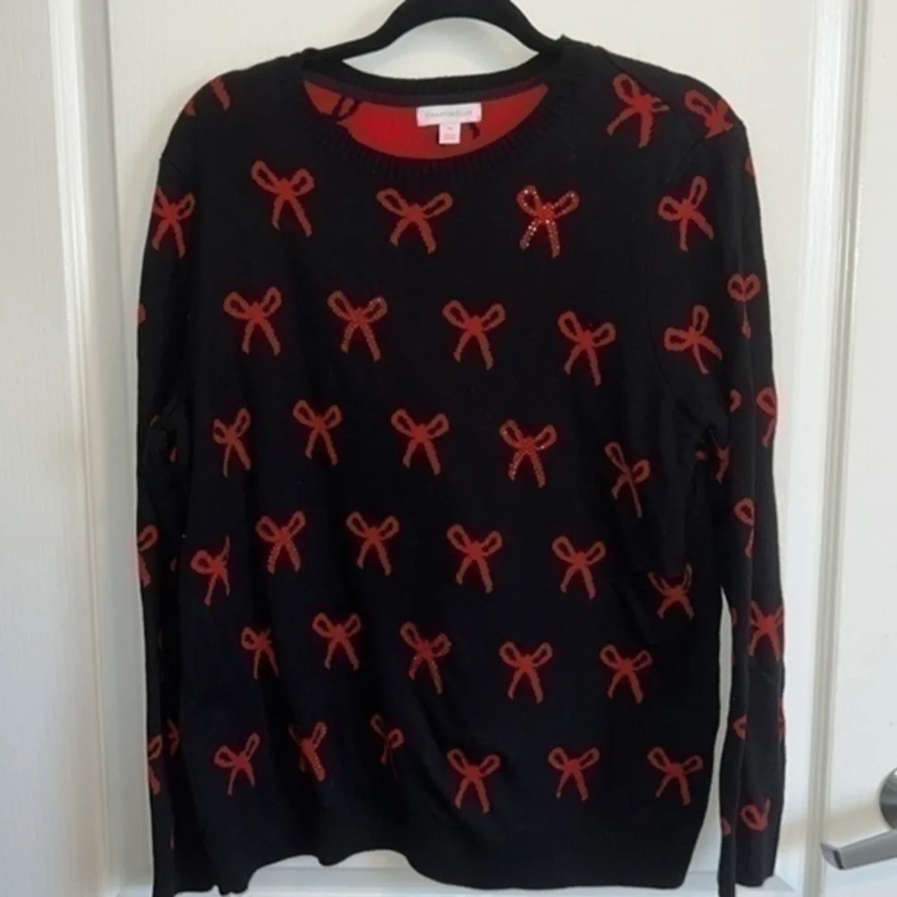 Charter club - HOLIDAY SWEATER black and red bow tie sweater - large petit